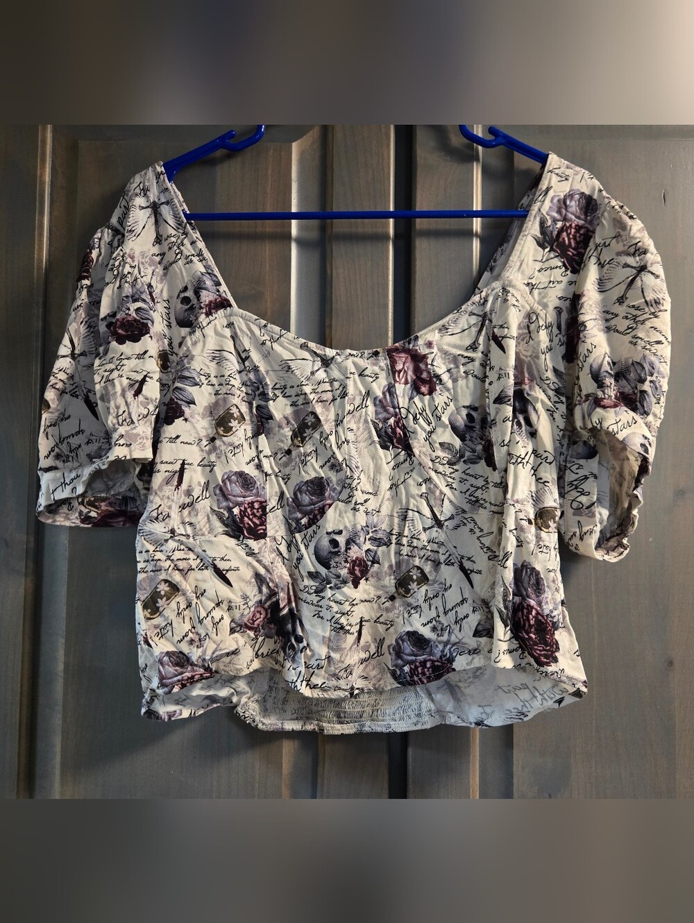 Thorn And Fable Floral Script Puff-Sleeve Crop Top - Sz 2